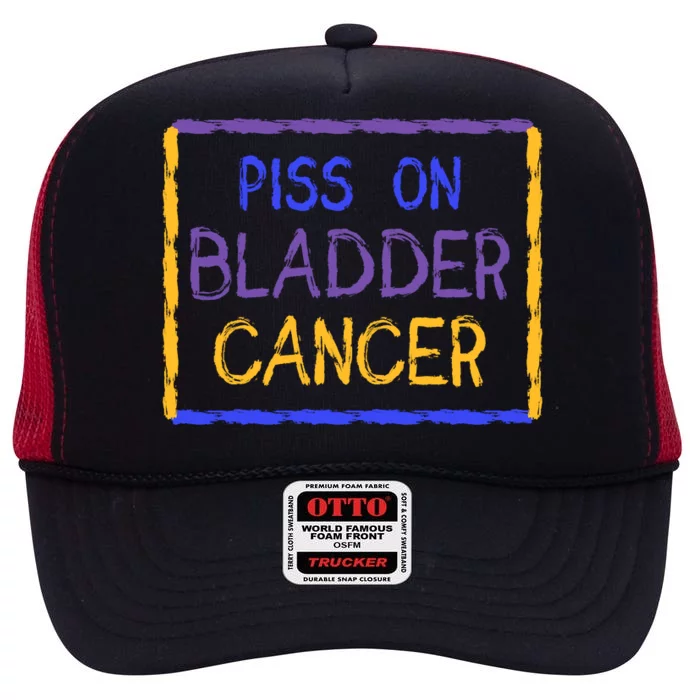 Piss On Bladder Cancer Purple Blue Yellow Ribbon Dysuria Urologist High Crown Mesh Trucker Hat