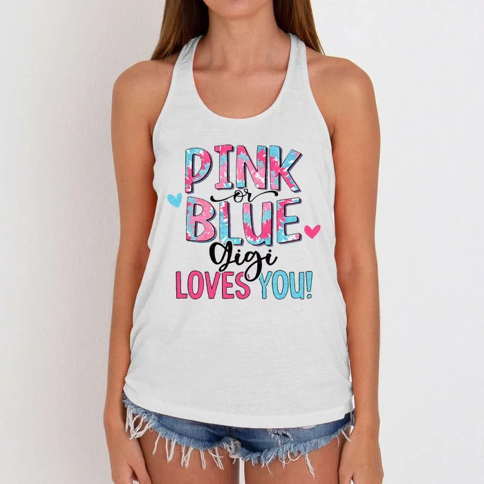 Pink Or Blue Gigi Loves You Tie Dye Baby Gender Reveal Women's Knotted Racerback Tank