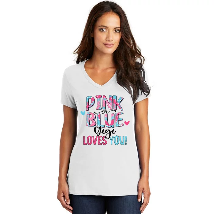 Pink Or Blue Gigi Loves You Tie Dye Baby Gender Reveal Women's V-Neck T-Shirt