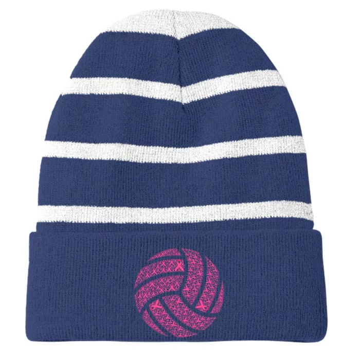 Pink Out Breast Cancer Awareness Pink Ribbon Volleyball Ball Striped Beanie with Solid Band