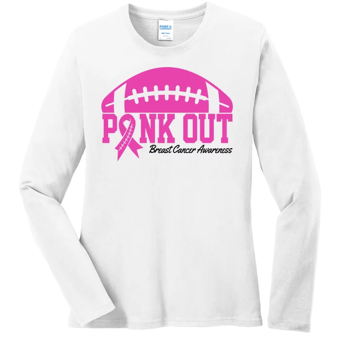 Pink Out Breast Cancer Awareness Football Ribbon Ladies Long Sleeve Shirt