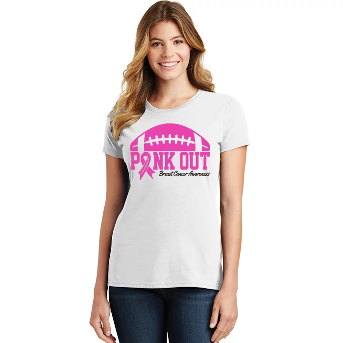 Pink Out Breast Cancer Awareness Football Ribbon Women's T-Shirt