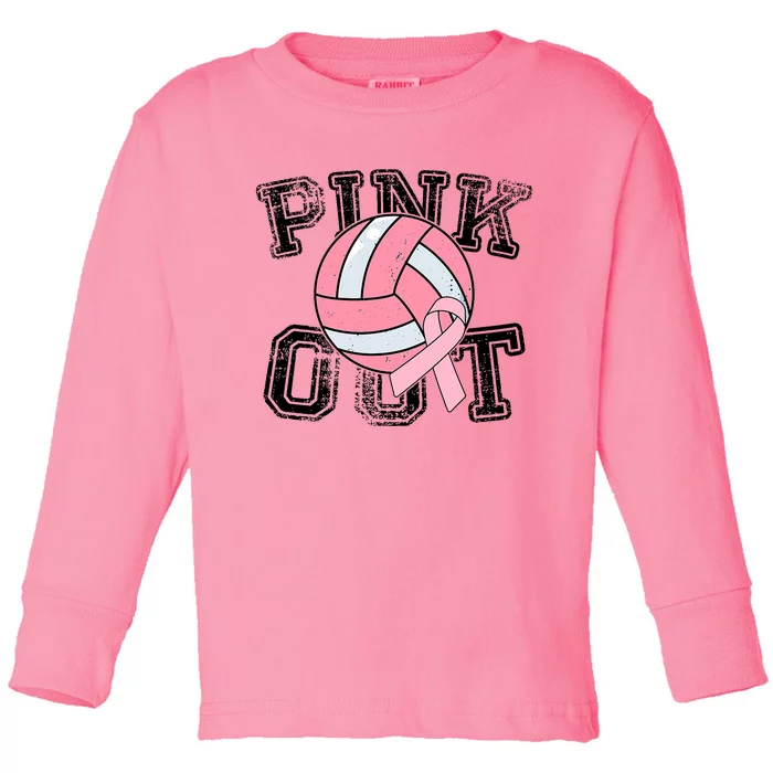 Pink Out Breast Cancer Awareness Pink Ribbon Volleyball Toddler Long Sleeve Shirt