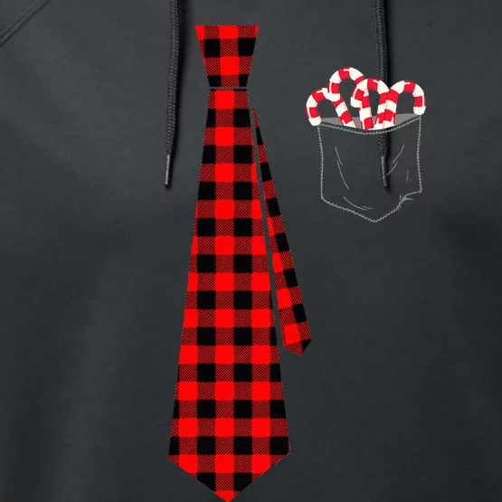 Pocket Of Candy Canes Red Buffalo Plaid Neck Tie Christmas Performance Fleece Hoodie