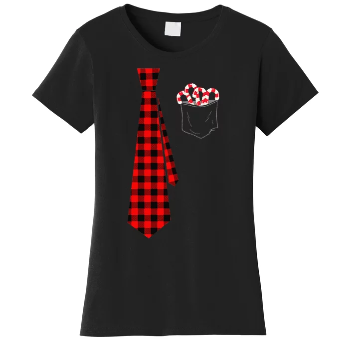 Pocket Of Candy Canes Red Buffalo Plaid Neck Tie Christmas Women's T-Shirt