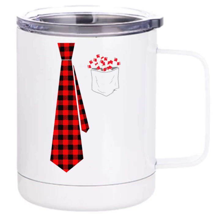 Pocket Of Candy Canes Red Buffalo Plaid Neck Tie Christmas Front & Back 12oz Stainless Steel Tumbler Cup