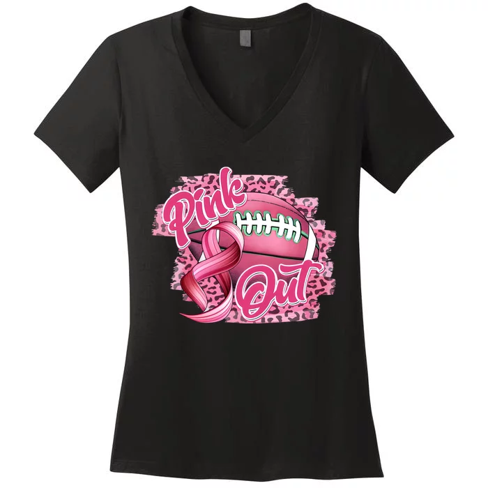 Pink Out Football Breast Cancer Awareness Pink Ribbon Women's V-Neck T-Shirt