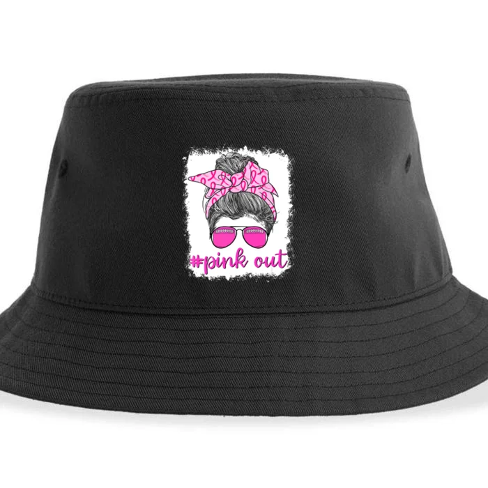 Pink Out Football Messy Bun Bleached Breast Cancer Awareness Gift Sustainable Bucket Hat