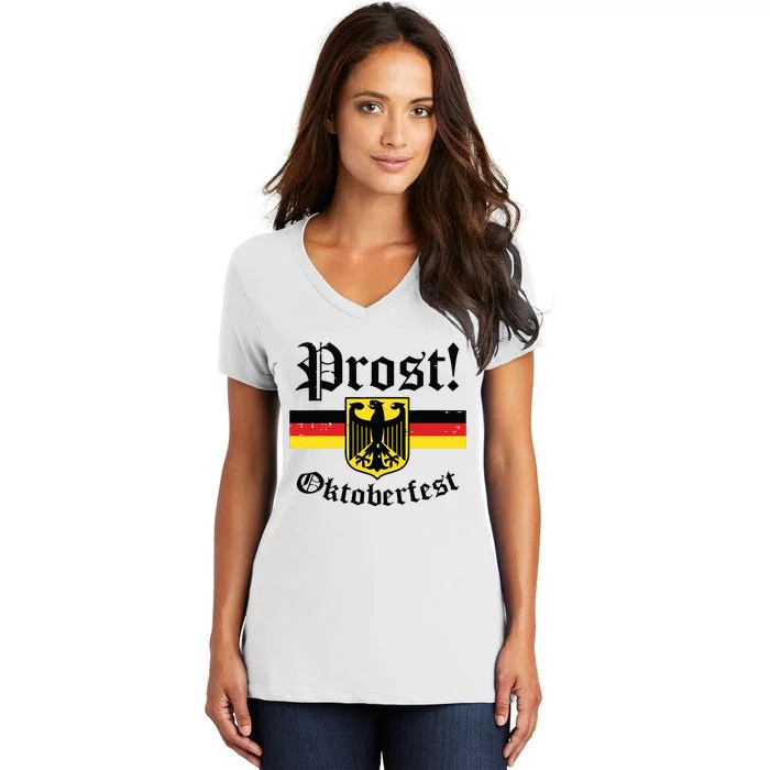 Prost Oktoberfest German Flag Crest Eagle Bavarian Women's V-Neck T-Shirt