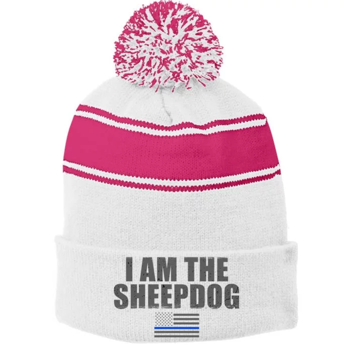 Police Officer Gift Thin Blue Line Gift I Am The Sheepdog Funny Gift Stripe Pom Pom Beanie