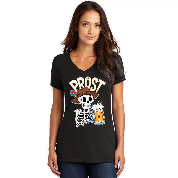 Prost Oktoberfest Halloween Skeleton Women's V-Neck T-Shirt