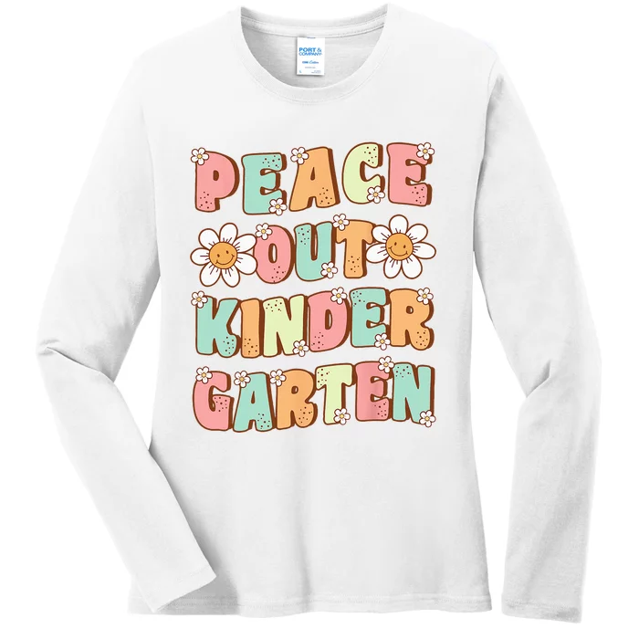 Peace Out Kindergarten Cute Groovy Last Day Of Kindergarten Ladies Long Sleeve Shirt