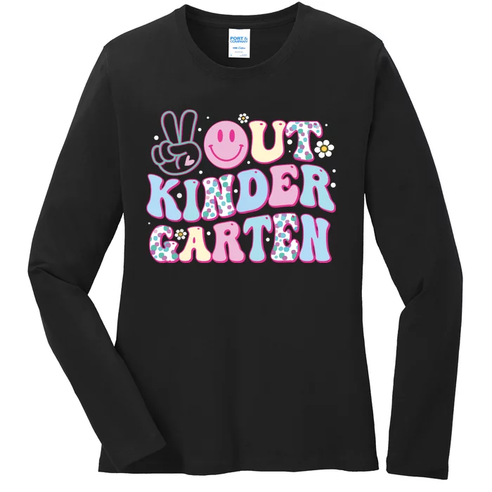 Peace Out Kindergarten Last Day Of School Groovy Girl Ladies Long Sleeve Shirt