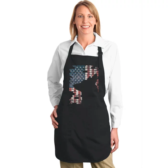 Police Officer K9 Dog Shep PD American Flag Silhouette Print Full-Length Apron With Pocket