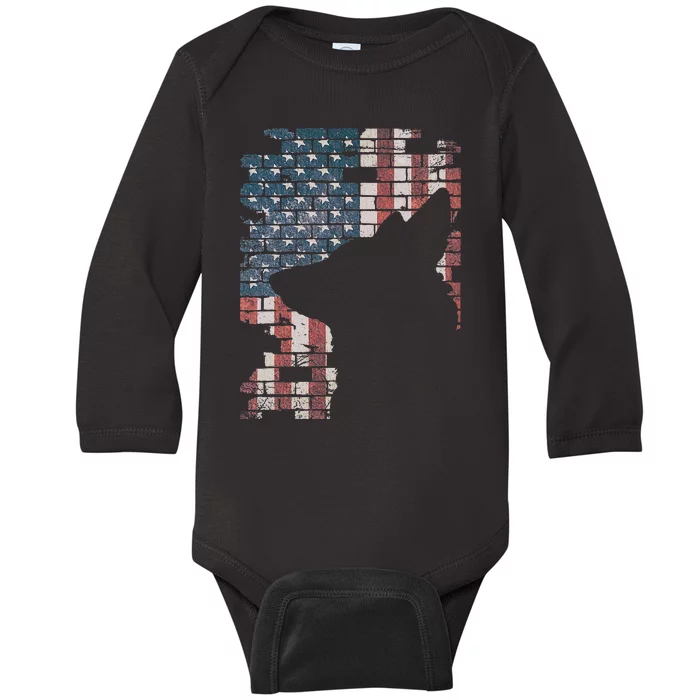 Police Officer K9 Dog Shep PD American Flag Silhouette Print Baby Long Sleeve Bodysuit