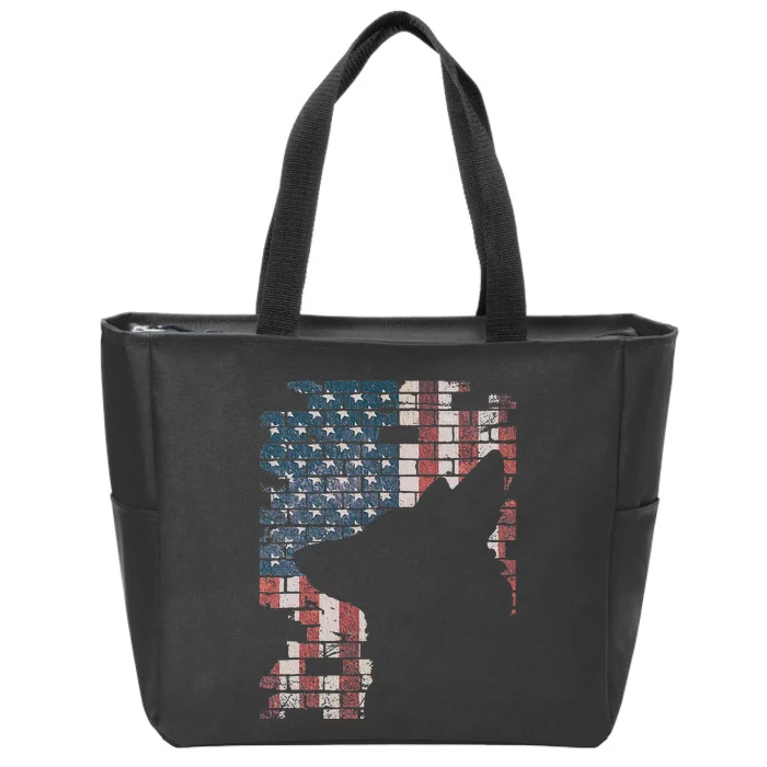 Police Officer K9 Dog Shep PD American Flag Silhouette Print Zip Tote Bag