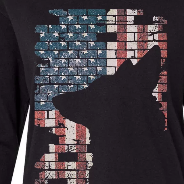 Police Officer K9 Dog Shep PD American Flag Silhouette Print Womens Cotton Relaxed Long Sleeve T-Shirt