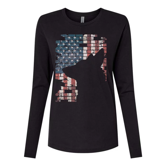 Police Officer K9 Dog Shep PD American Flag Silhouette Print Womens Cotton Relaxed Long Sleeve T-Shirt