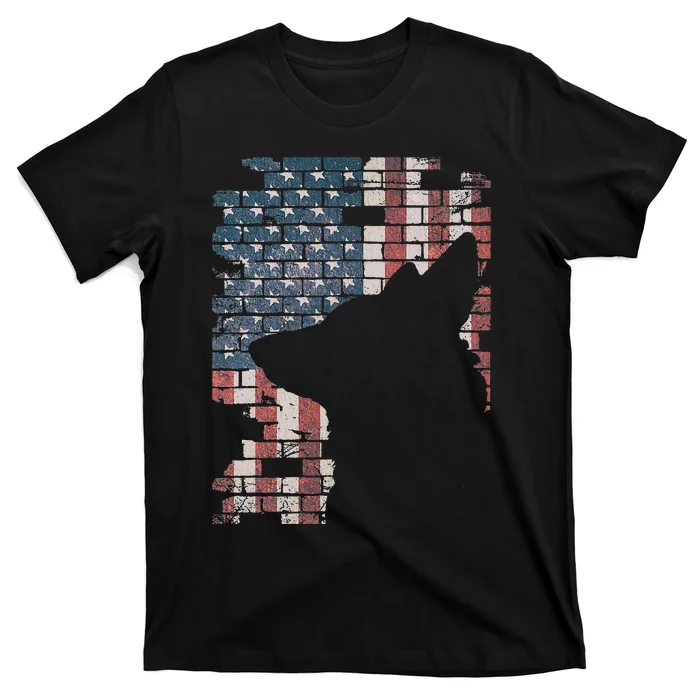 Police Officer K9 Dog Shep PD American Flag Silhouette Print T-Shirt