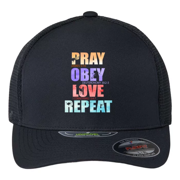 Pray Obey Love Repeat Christian Bible Quote Flexfit Unipanel Trucker Cap