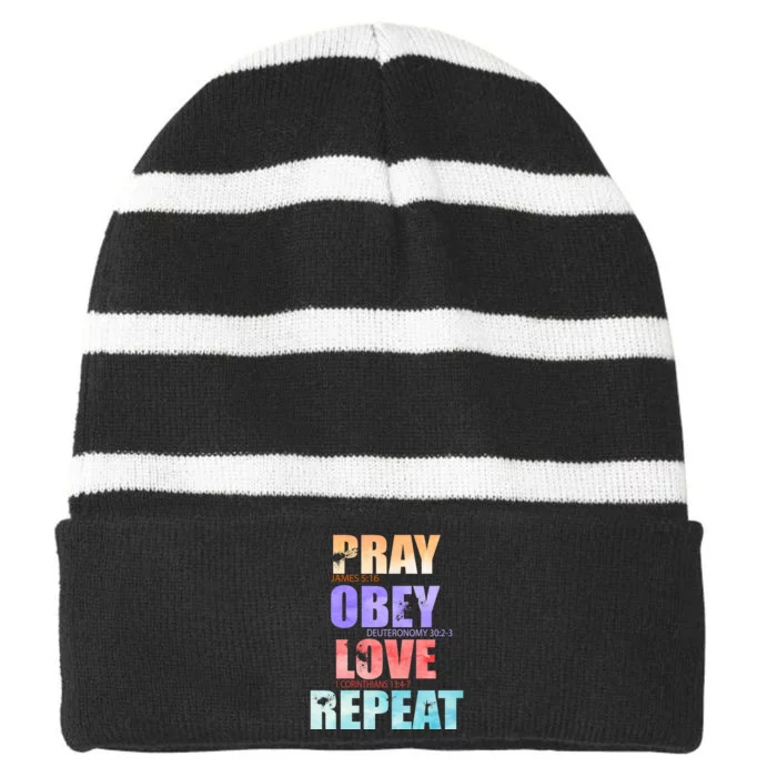 Pray Obey Love Repeat Christian Bible Quote Striped Beanie with Solid Band