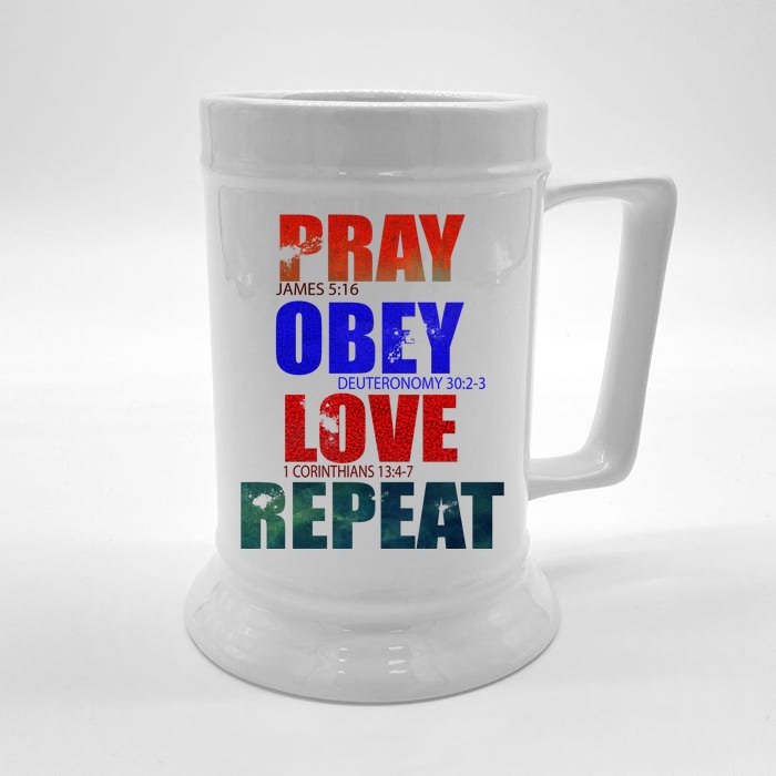 Pray Obey Love Repeat Christian Bible Quote Front & Back Beer Stein