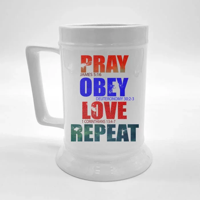 Pray Obey Love Repeat Christian Bible Quote Front & Back Beer Stein