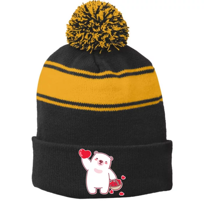 Polar Bear Cute Valentines Day Love Stripe Pom Pom Beanie