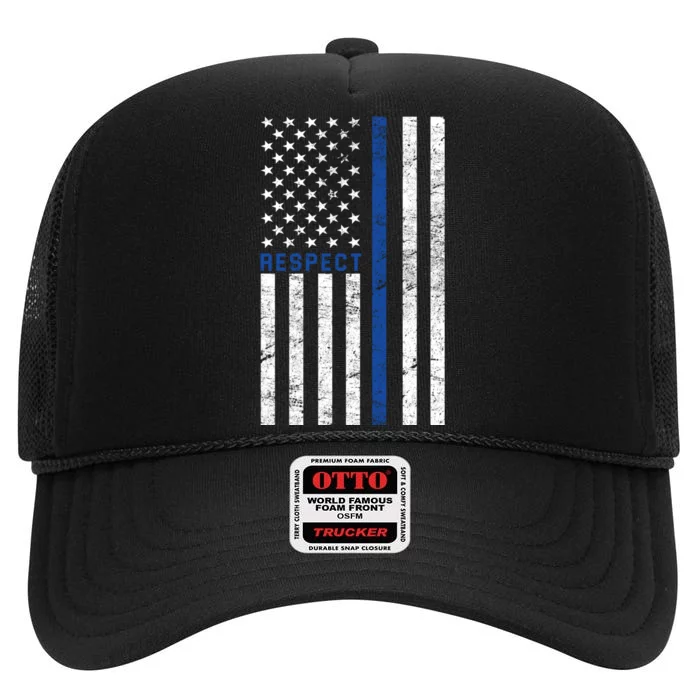 Police American Flag Respect The Blue High Crown Mesh Trucker Hat