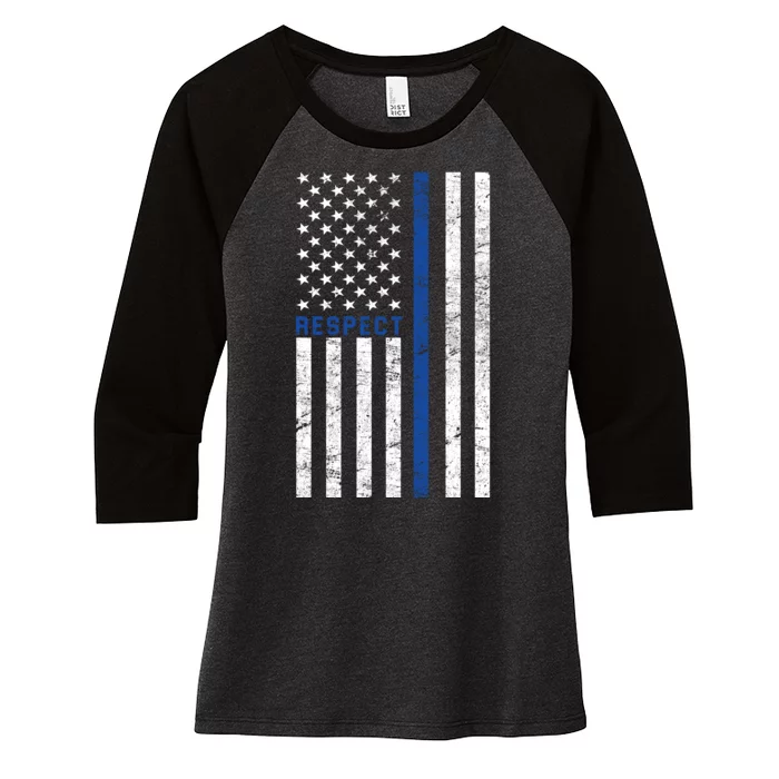 Police American Flag Respect The Blue Women's Tri-Blend 3/4-Sleeve Raglan Shirt