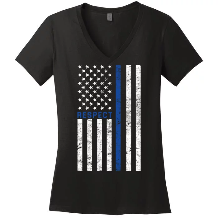 Police American Flag Respect The Blue Women's V-Neck T-Shirt