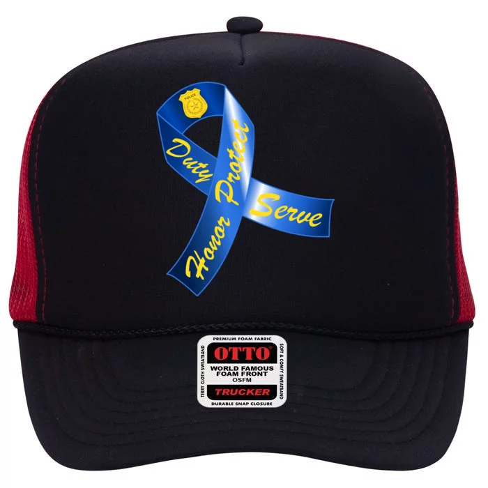 Police Duty Honor Protect Serve Ribbon High Crown Mesh Trucker Hat