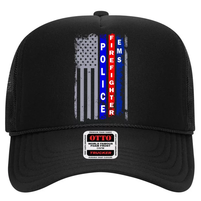 Police Firefighter EMS American Flag High Crown Mesh Trucker Hat