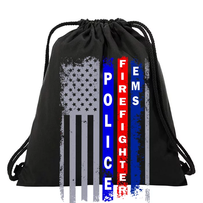 Police Firefighter EMS American Flag Drawstring Bag