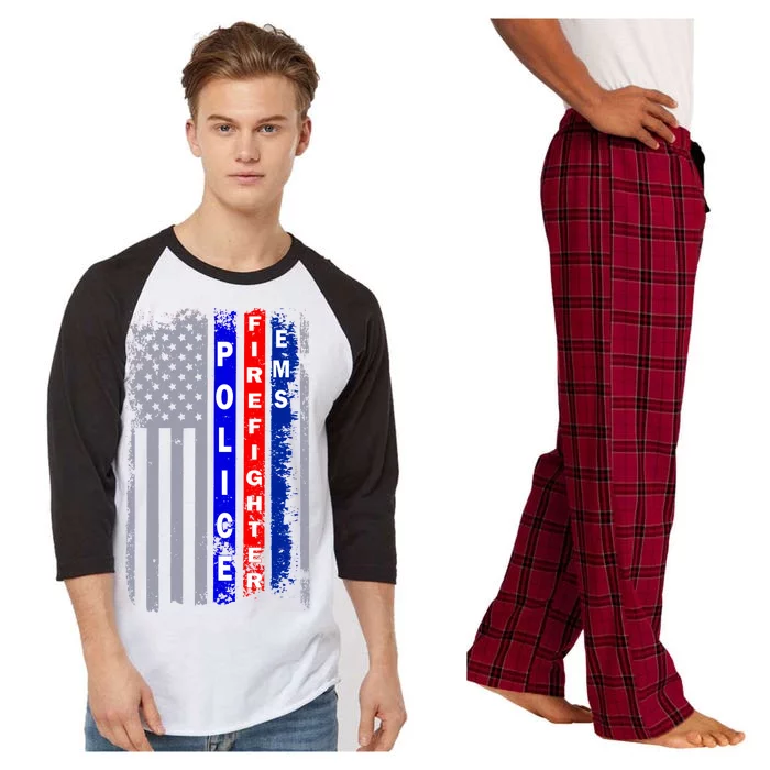 Police Firefighter EMS American Flag Raglan Sleeve Pajama Set