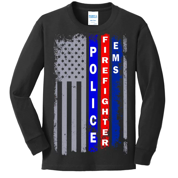 Police Firefighter EMS American Flag Kids Long Sleeve Shirt