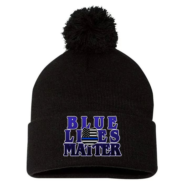 Police Shield Blue Lives Matter Pom Pom 12in Knit Beanie