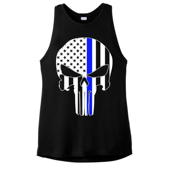 Police USA Skull Thin Blue Line Ladies Tri-Blend Wicking Tank