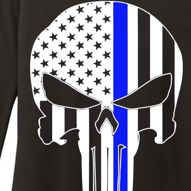 Police USA Skull Thin Blue Line Womens CVC Long Sleeve Shirt