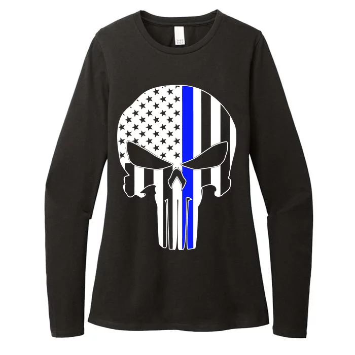 Police USA Skull Thin Blue Line Womens CVC Long Sleeve Shirt