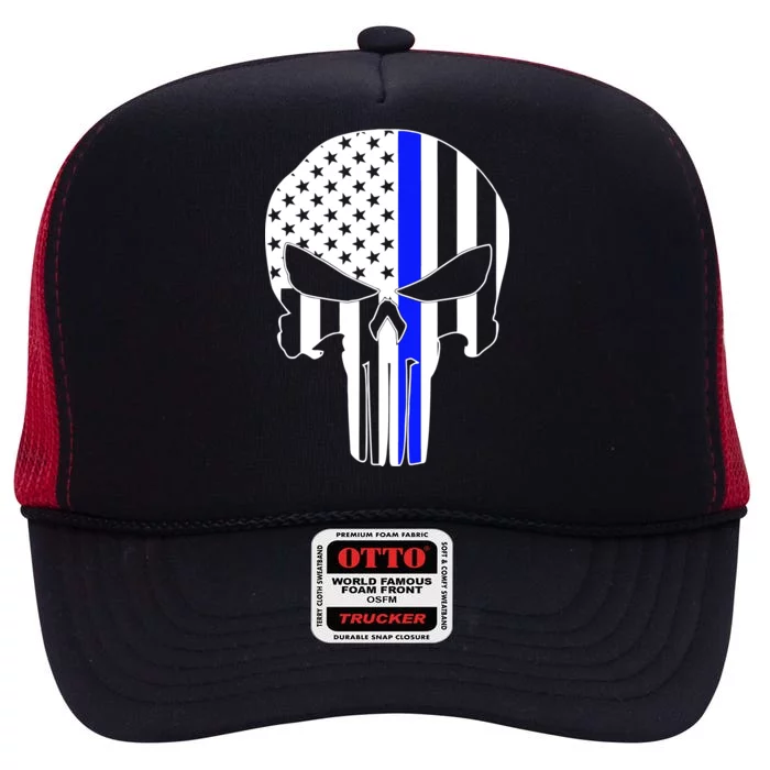 Police USA Skull Thin Blue Line High Crown Mesh Trucker Hat