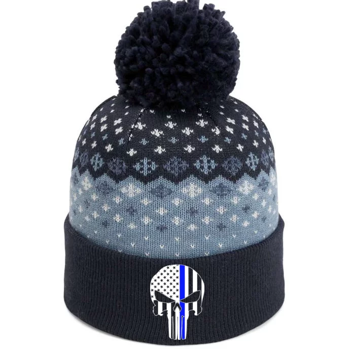 Police USA Skull Thin Blue Line The Baniff Cuffed Pom Beanie