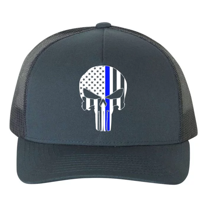 Police USA Skull Thin Blue Line Yupoong Adult 5-Panel Trucker Hat