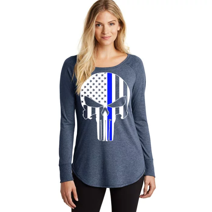 Police USA Skull Thin Blue Line Women's Perfect Tri Tunic Long Sleeve Shirt