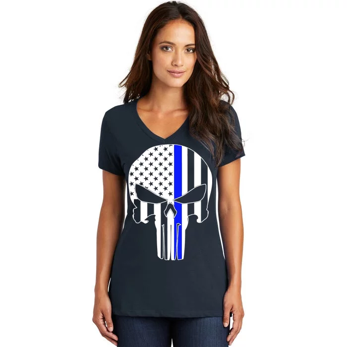 Police USA Skull Thin Blue Line Women's V-Neck T-Shirt