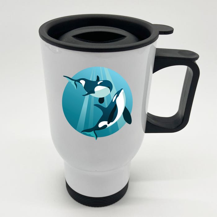 Pair Of Orcas Swimming Front & Back Stainless Steel Travel Mug