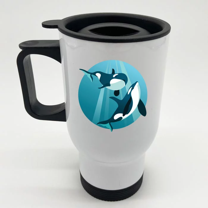 Pair Of Orcas Swimming Front & Back Stainless Steel Travel Mug