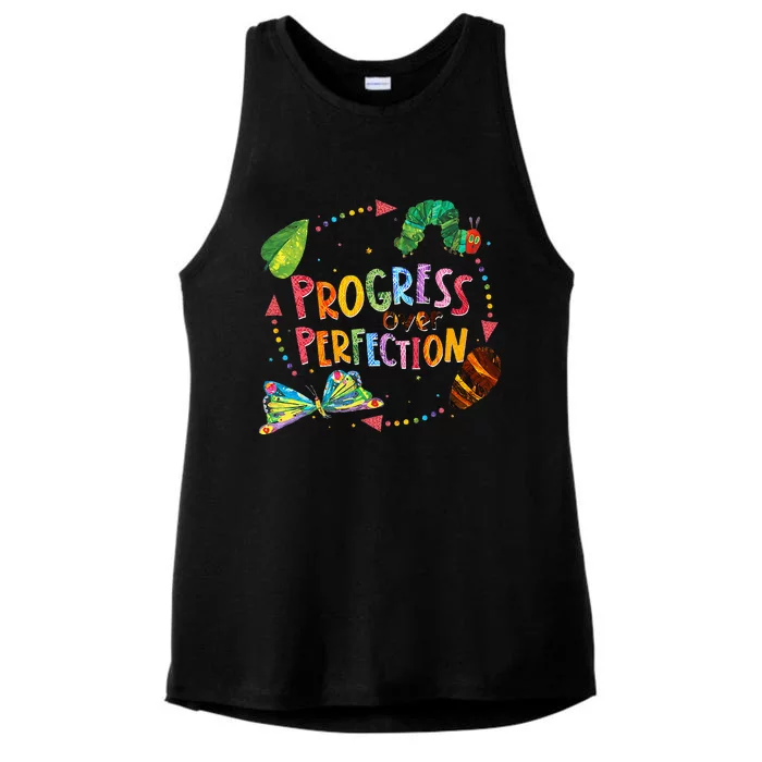 Progress Over Perfection Caterpillar Back To School Teacher Ladies Tri-Blend Wicking Tank