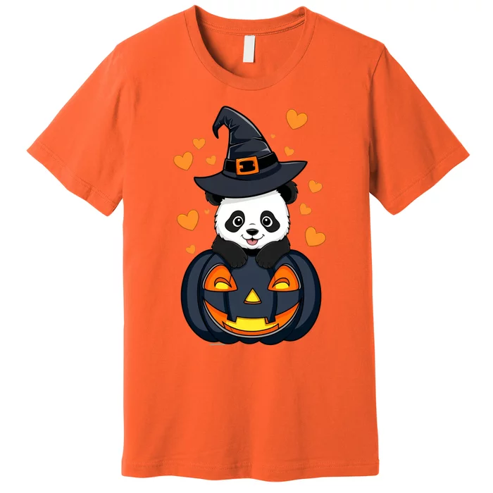 Panda On Pumpkin Witch Hat Pumpkin Face Halloween Panda Premium T-Shirt