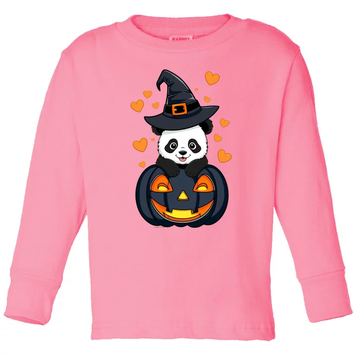 Panda On Pumpkin Witch Hat Pumpkin Face Halloween Panda Toddler Long Sleeve Shirt